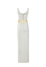 White silk crêpe dress with golden chains and waist cutout