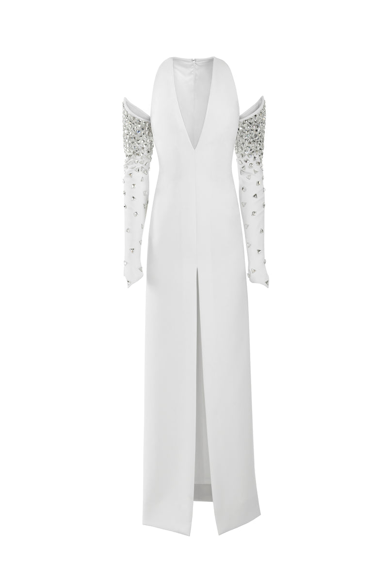 White silk crêpe dress with crystal embroidered glove sleeves