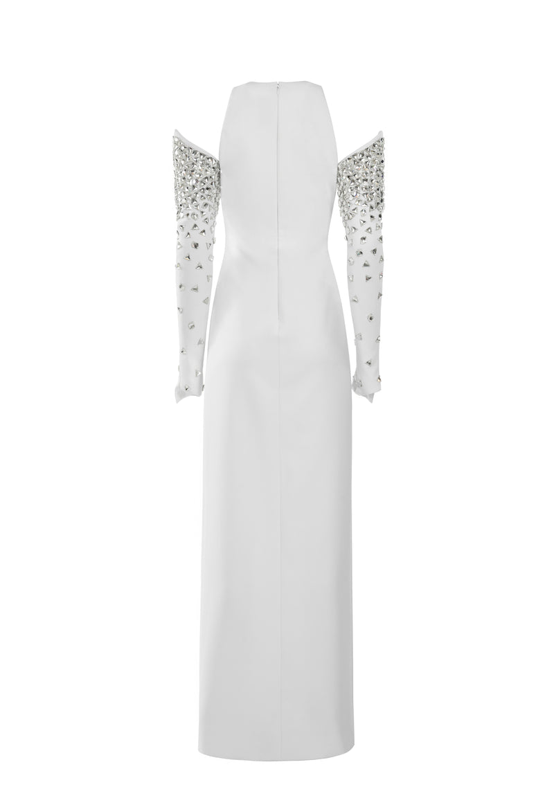 White silk crêpe dress with crystal embroidered gloves and plunging neckline