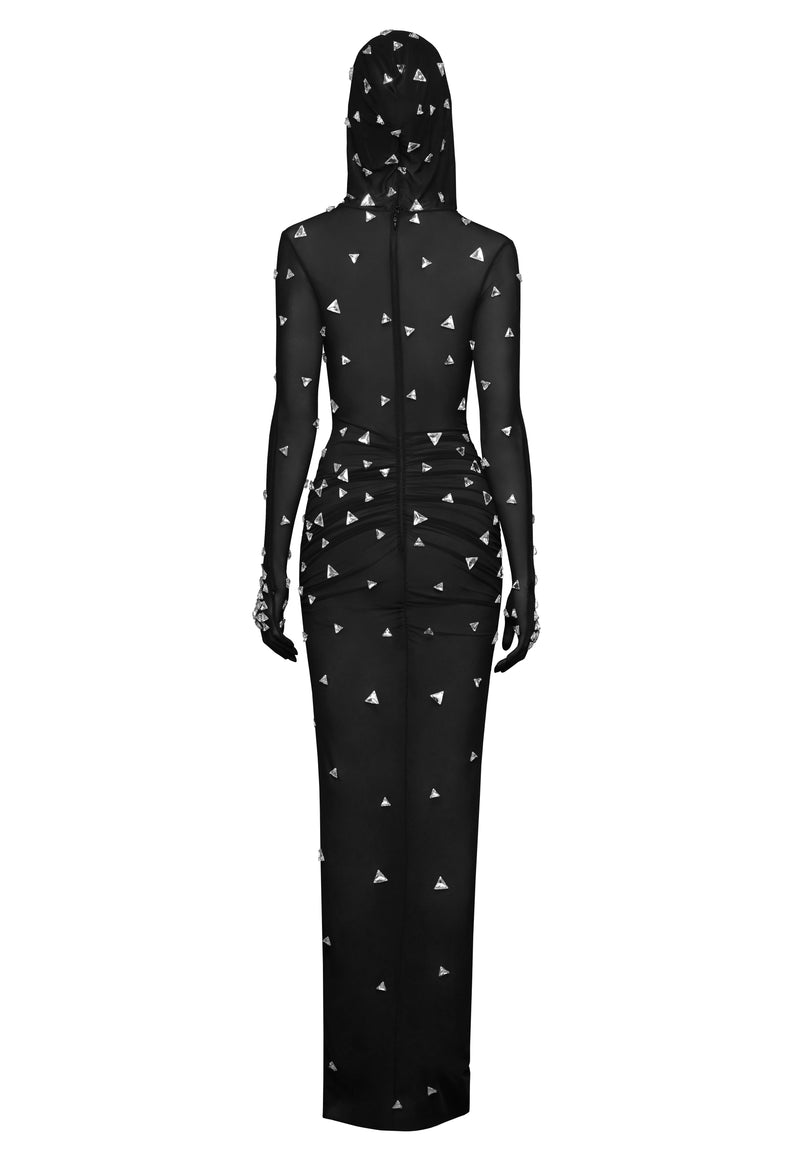 Crystal embroidered sheer black dress