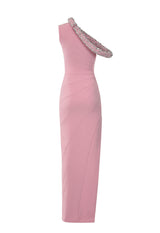 Asymmetrical pink dress with embroidered collar