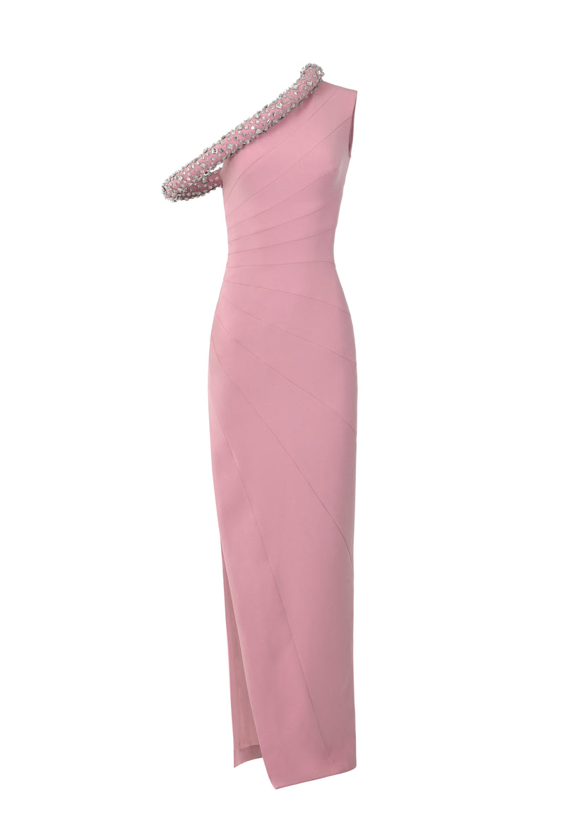 Asymmetrical pink dress with beading and cuts