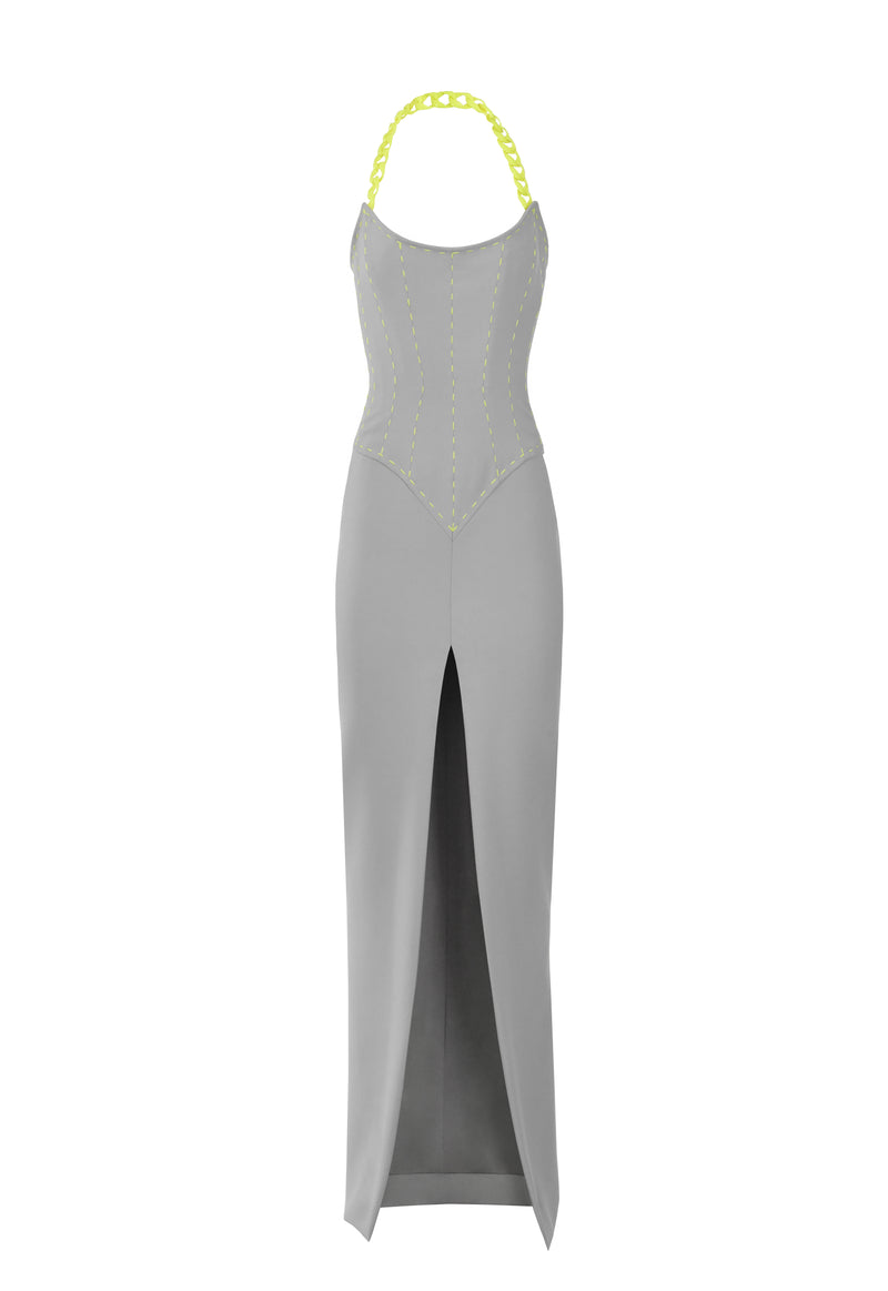 Grey corseted dress with neon chain and threads 