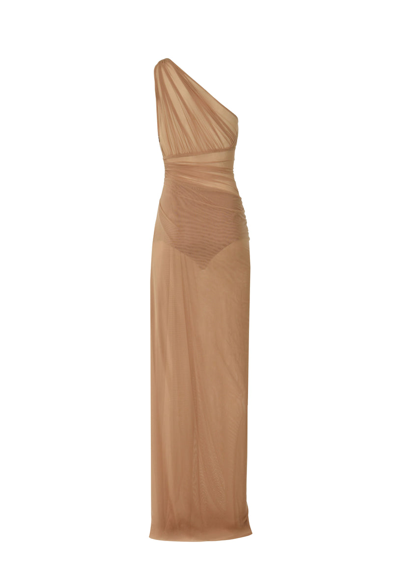 Visible nude tulle draped dress