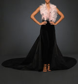 Black Velvet Jumpsuit with pink feathers