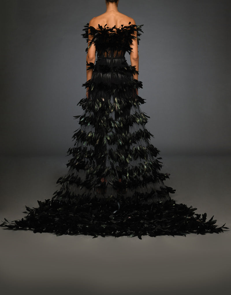 Black crêpe jumpsuit with feathered train