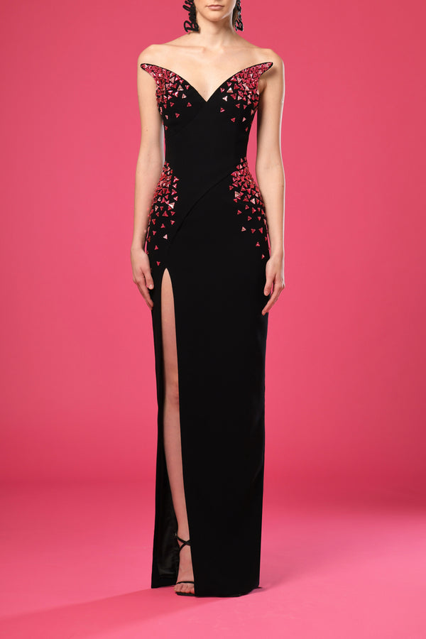 Black crêpe dress with crystals embroidery