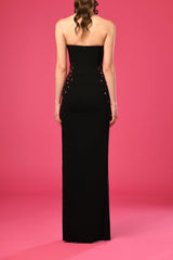 Strapless black crêpe dress with crystals embroidery