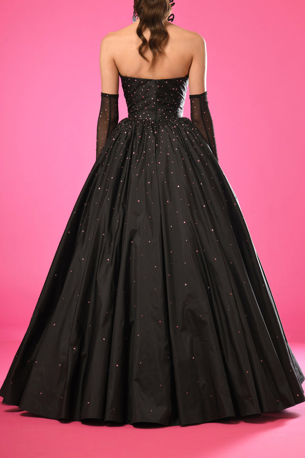 Fully embroidered black taffeta ball gown with gloves