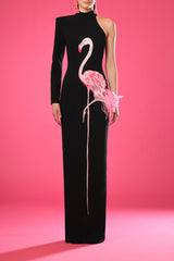 Black crêpe dress with embroidered flamingo