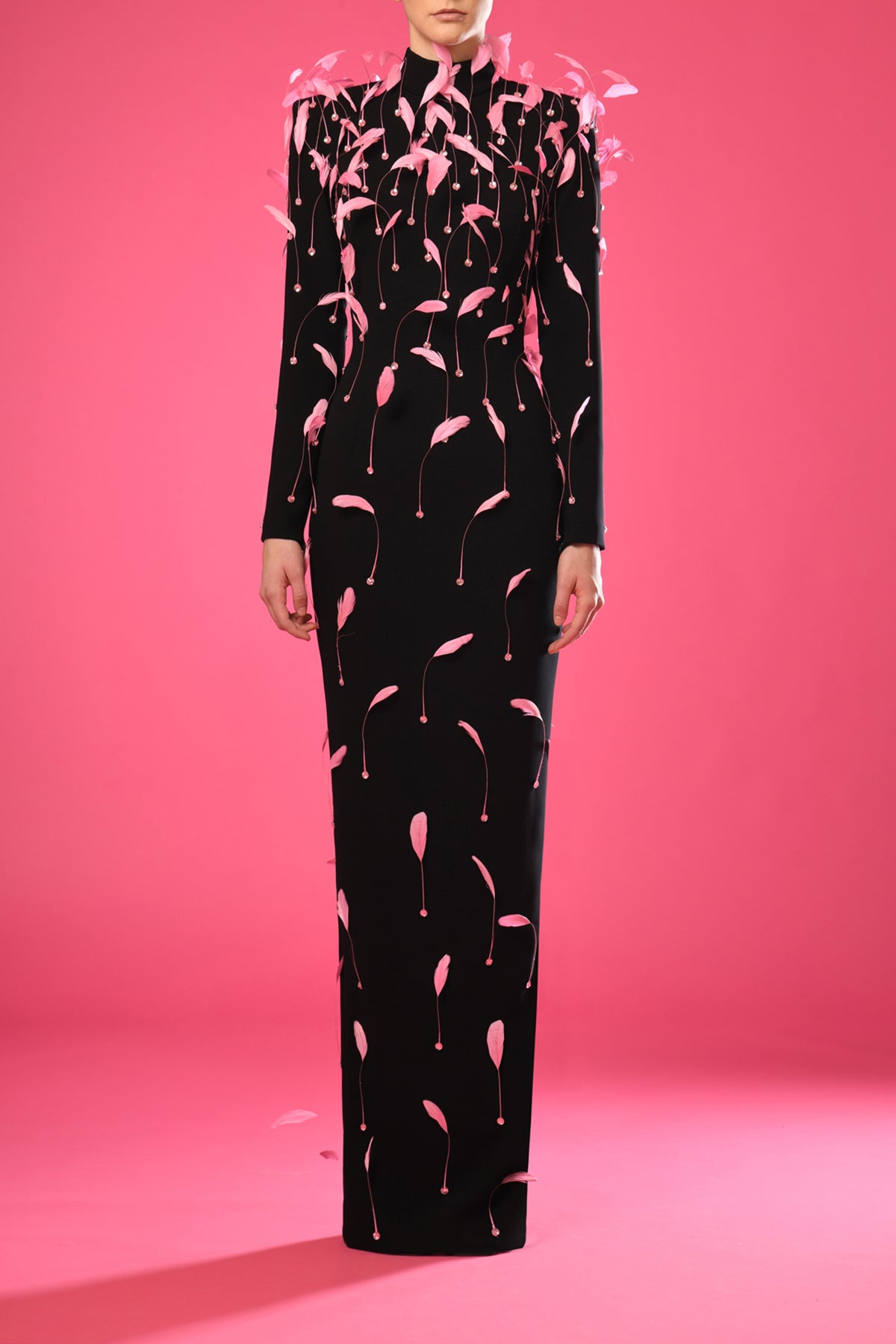 Fully embroidered black dress with feathers