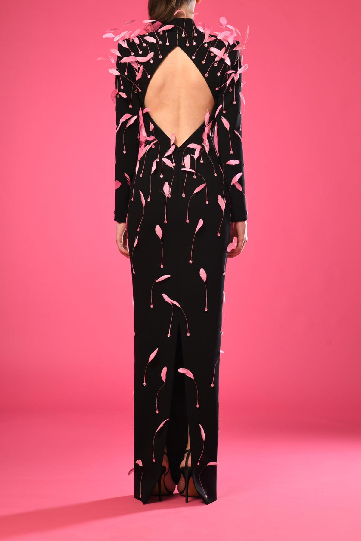 Long sleeved fully embroidered black dress with feathers