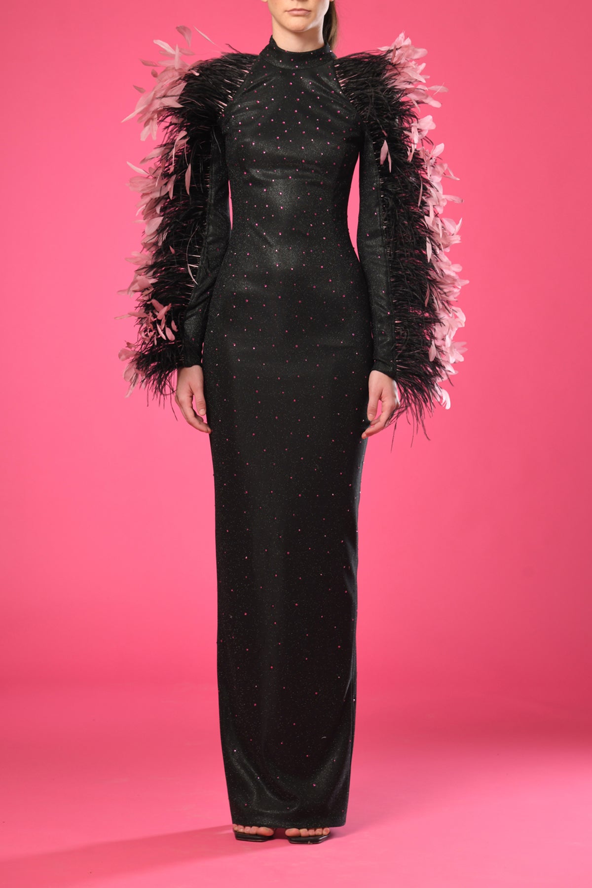 Black dress with embroidery and feathers