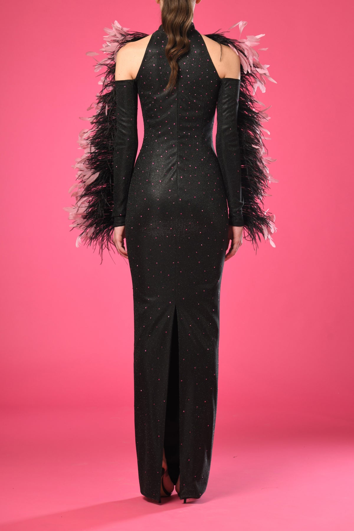 Long sleeved black dress with embroidery and feathers