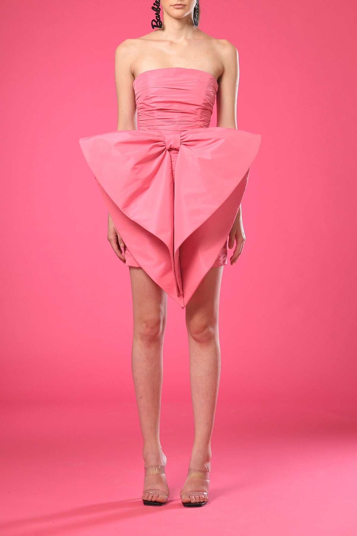 Pink taffeta draped short dress