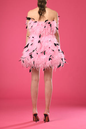 Strapless pink feathers short dress