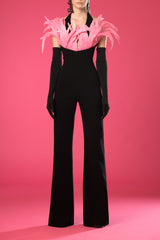 Black crêpe jumpsuit with feathers