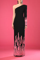 Black crêpe dress with pink embroidered feathers