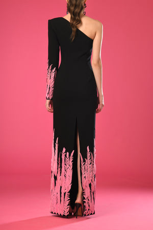Asymmetrical black crêpe dress with pink embroidered feathers