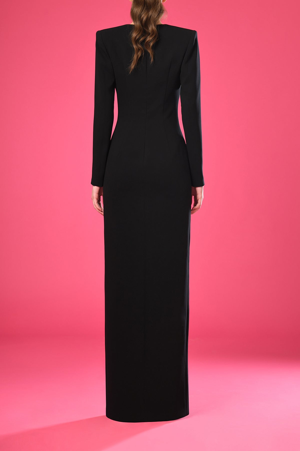 Long sleeved black crêpe dress with hearts on pockets