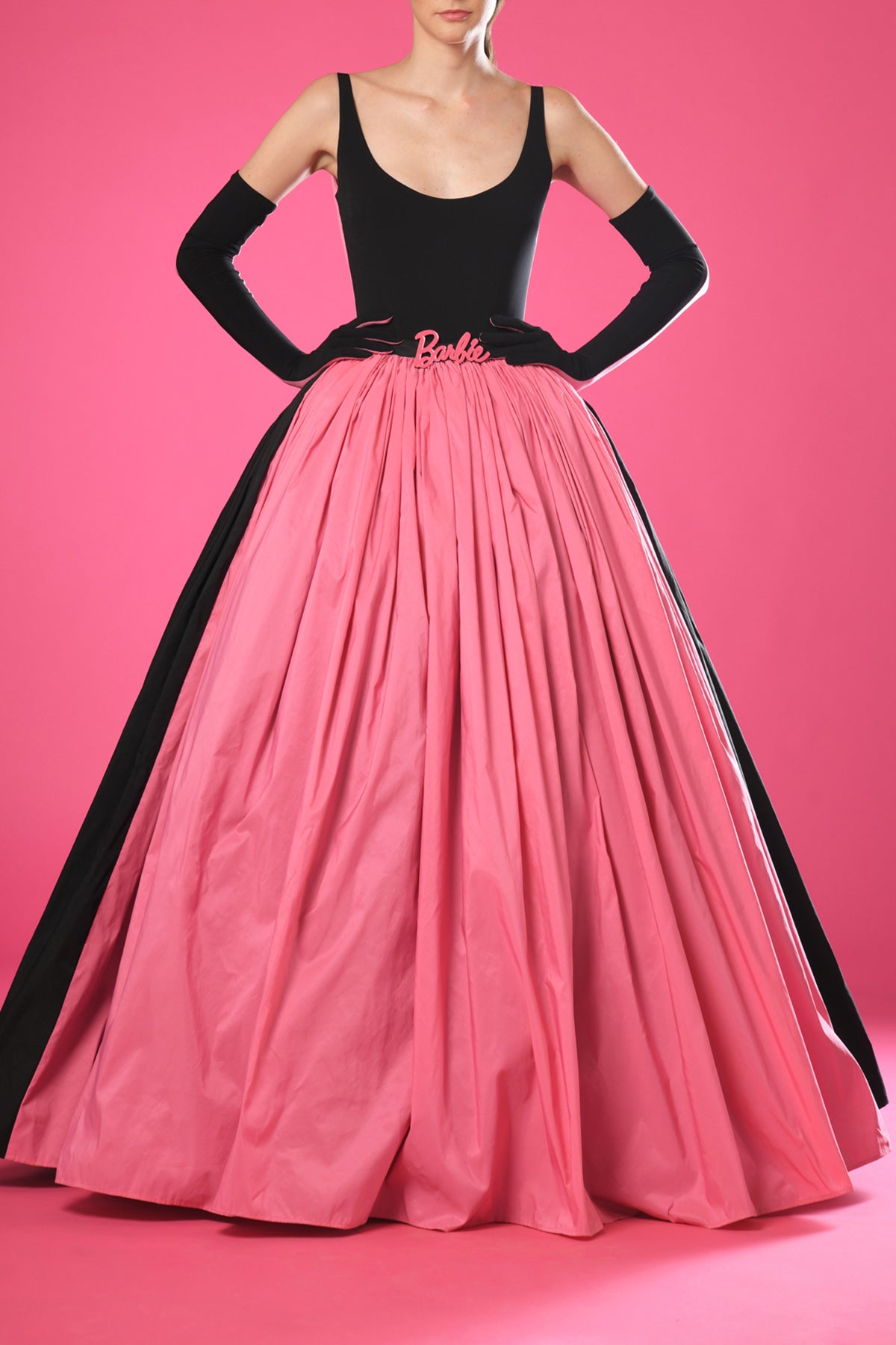 Black and pink taffeta ball gown