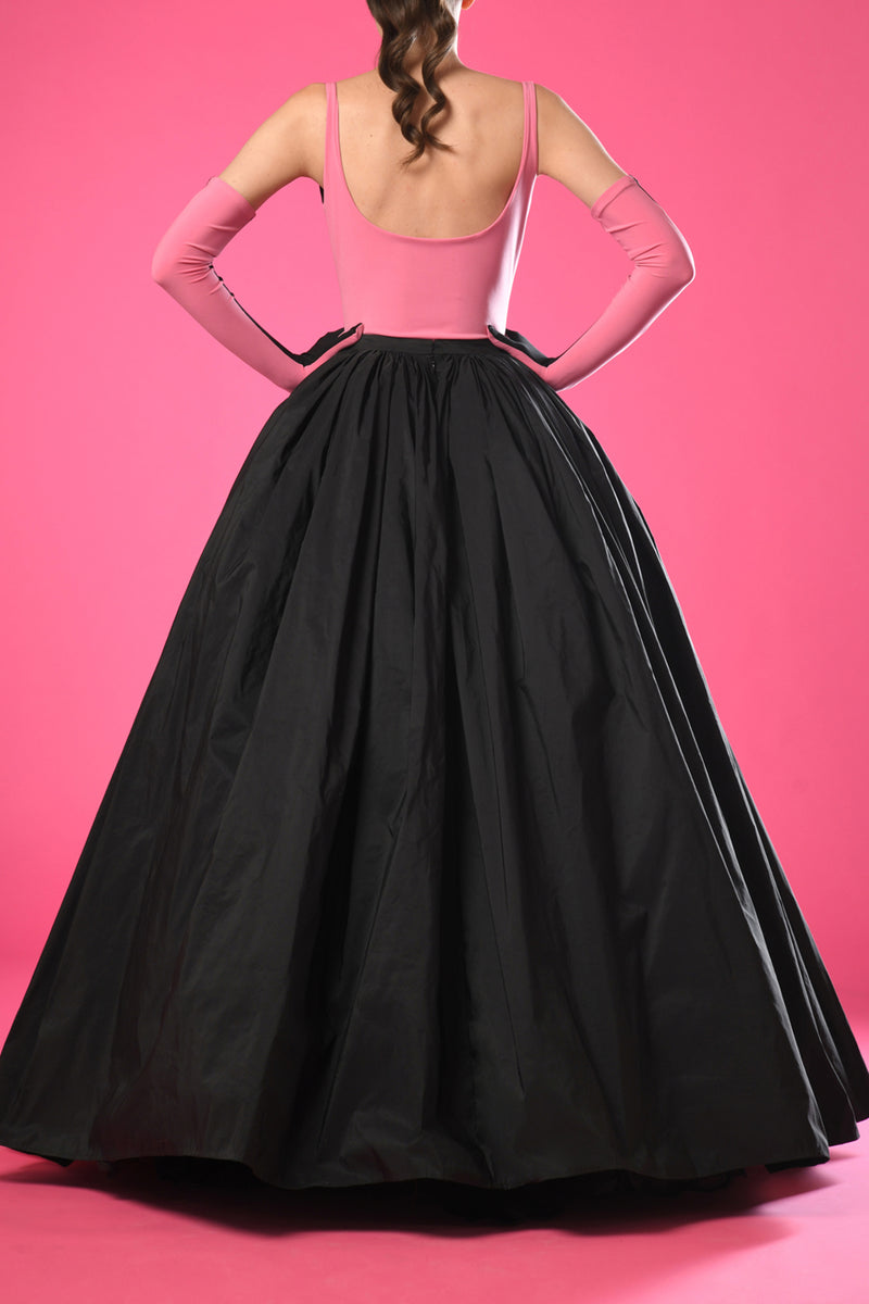 Pink and black taffeta ball gown