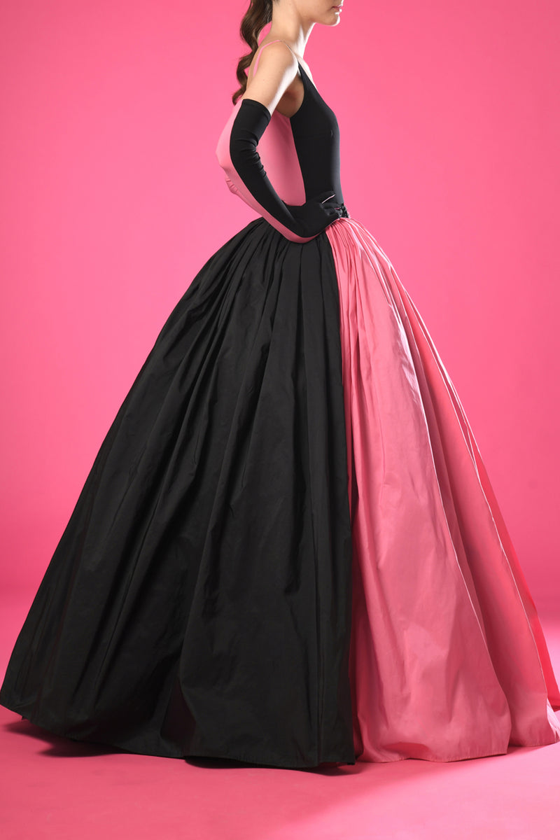 Black and pink taffeta ball gown with gloves