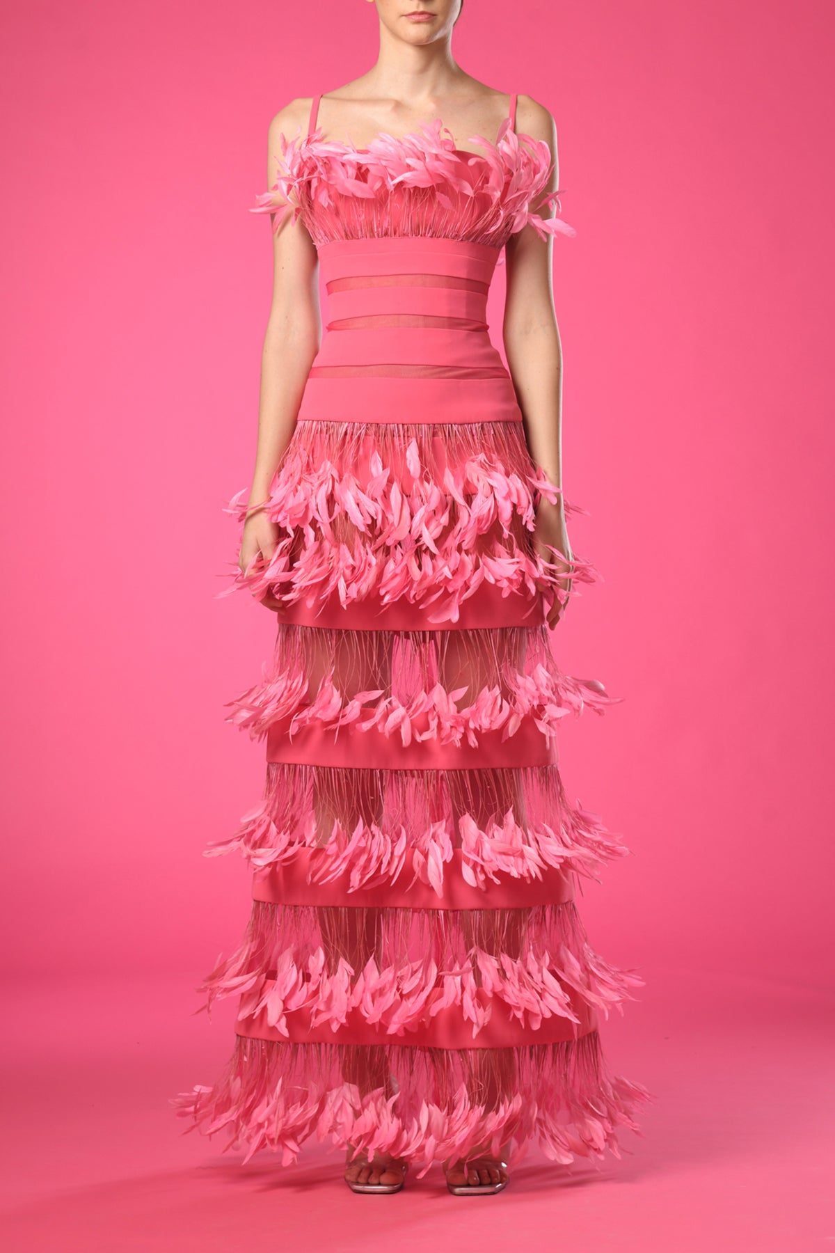 Pink dress with layered feathers