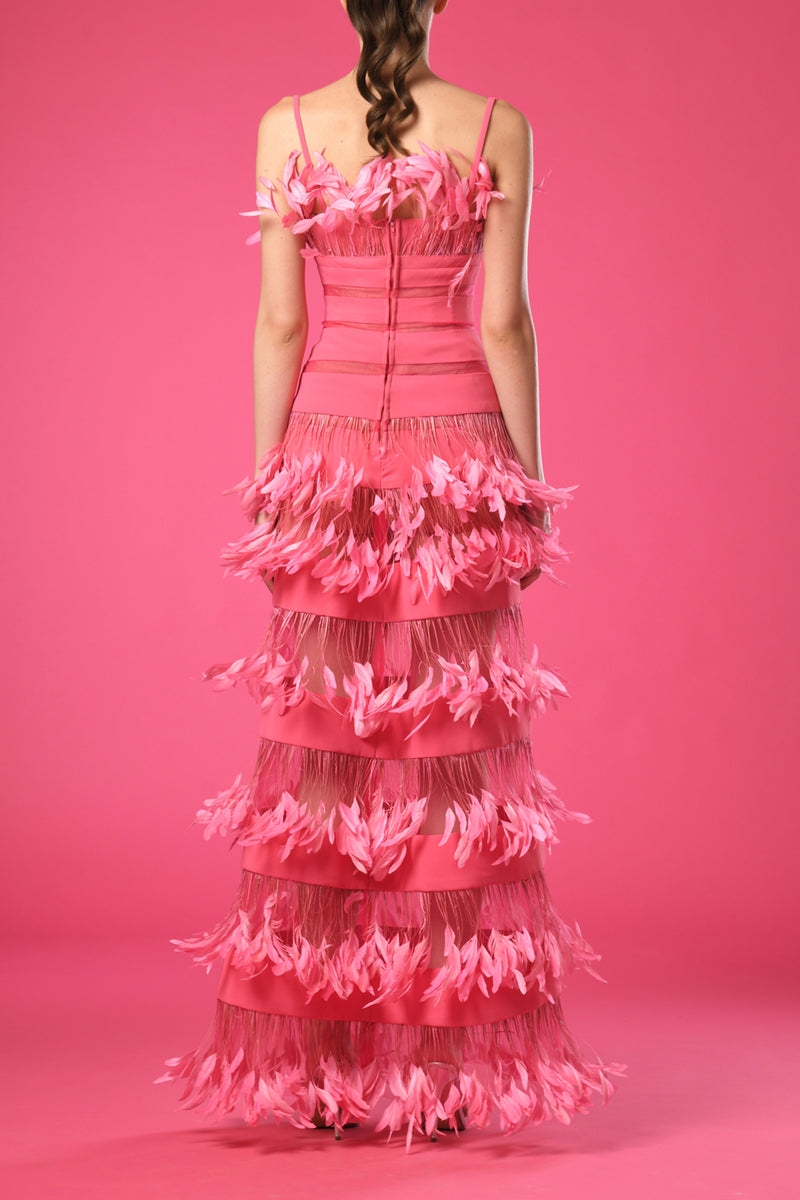 A-line cut pink dress with layered feathers 