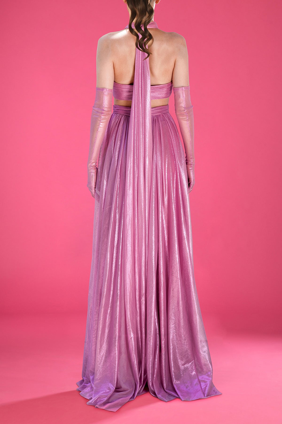 Pink silk foiled tulle dress with cut-outs and gloves