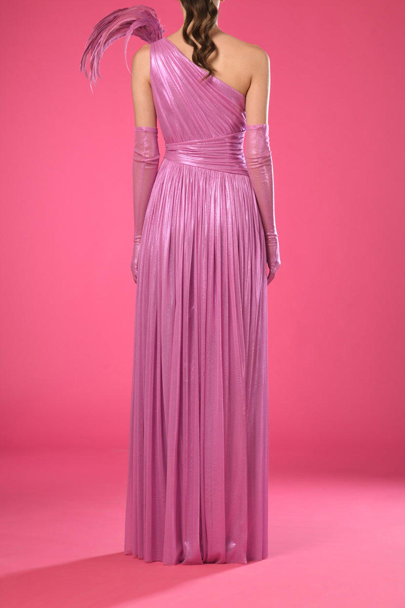 Asymmetrical pink silk foiled tulle dress with feathers