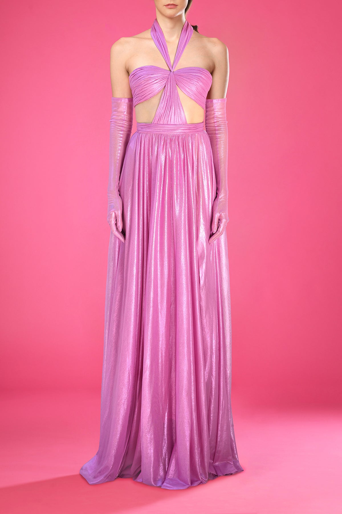 Pink silk foiled tulle dress with cut-outs