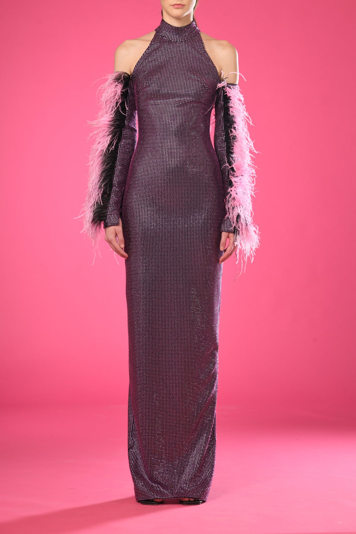 Purple dress with rhinestones embroidery and feathers