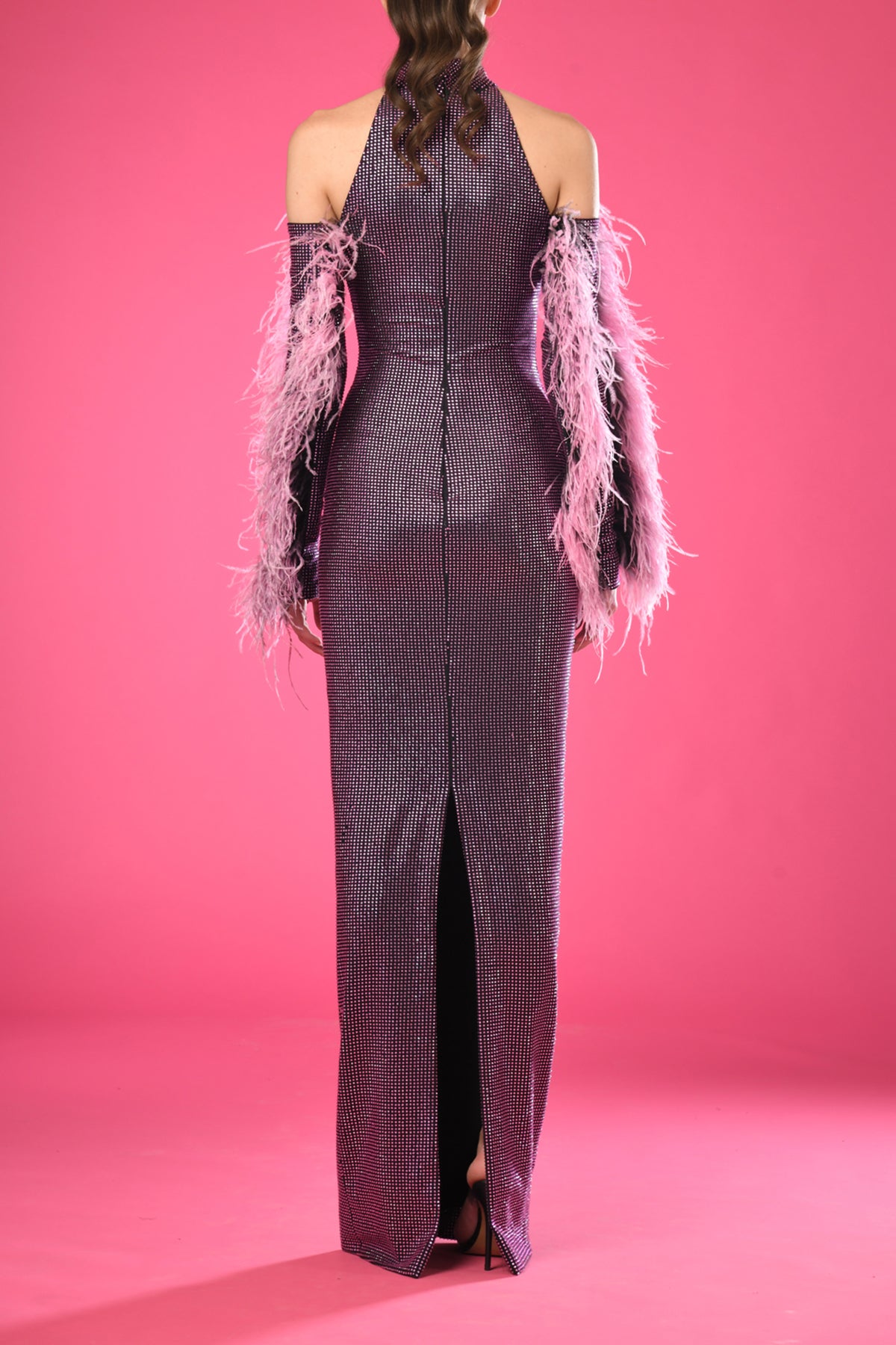 Long sleeved purple dress with rhinestones embroidery and feathers