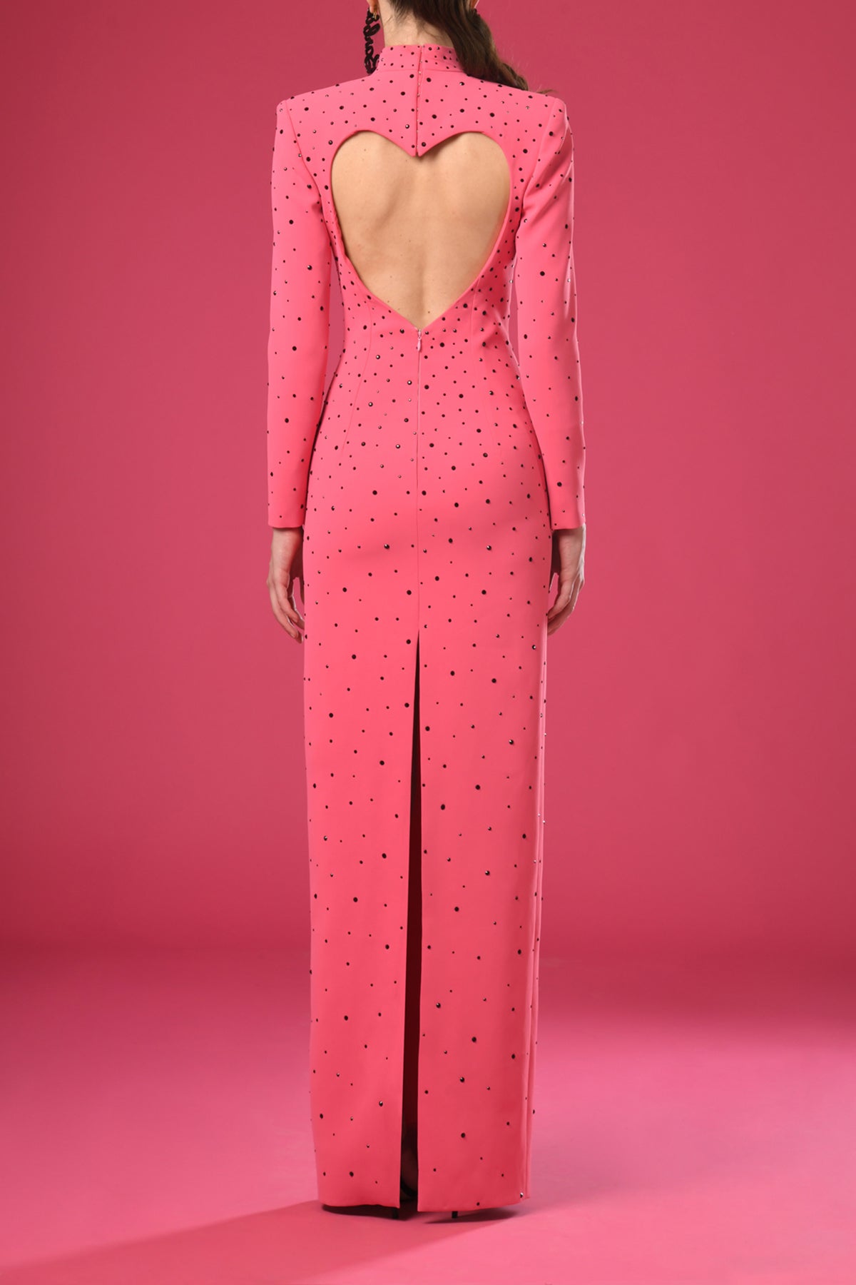 Long sleeved pink crêpe dress with black embroidery