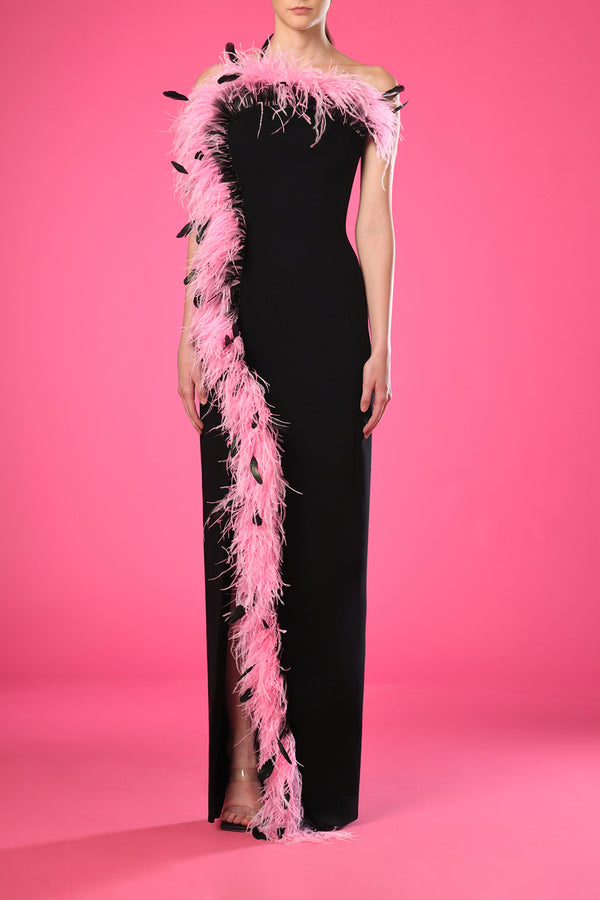 Black crêpe dress with ombre feathers