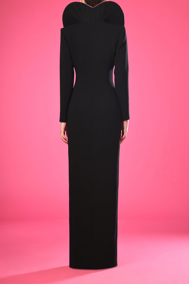 Black crêpe dress with structured pink heart shaped collar