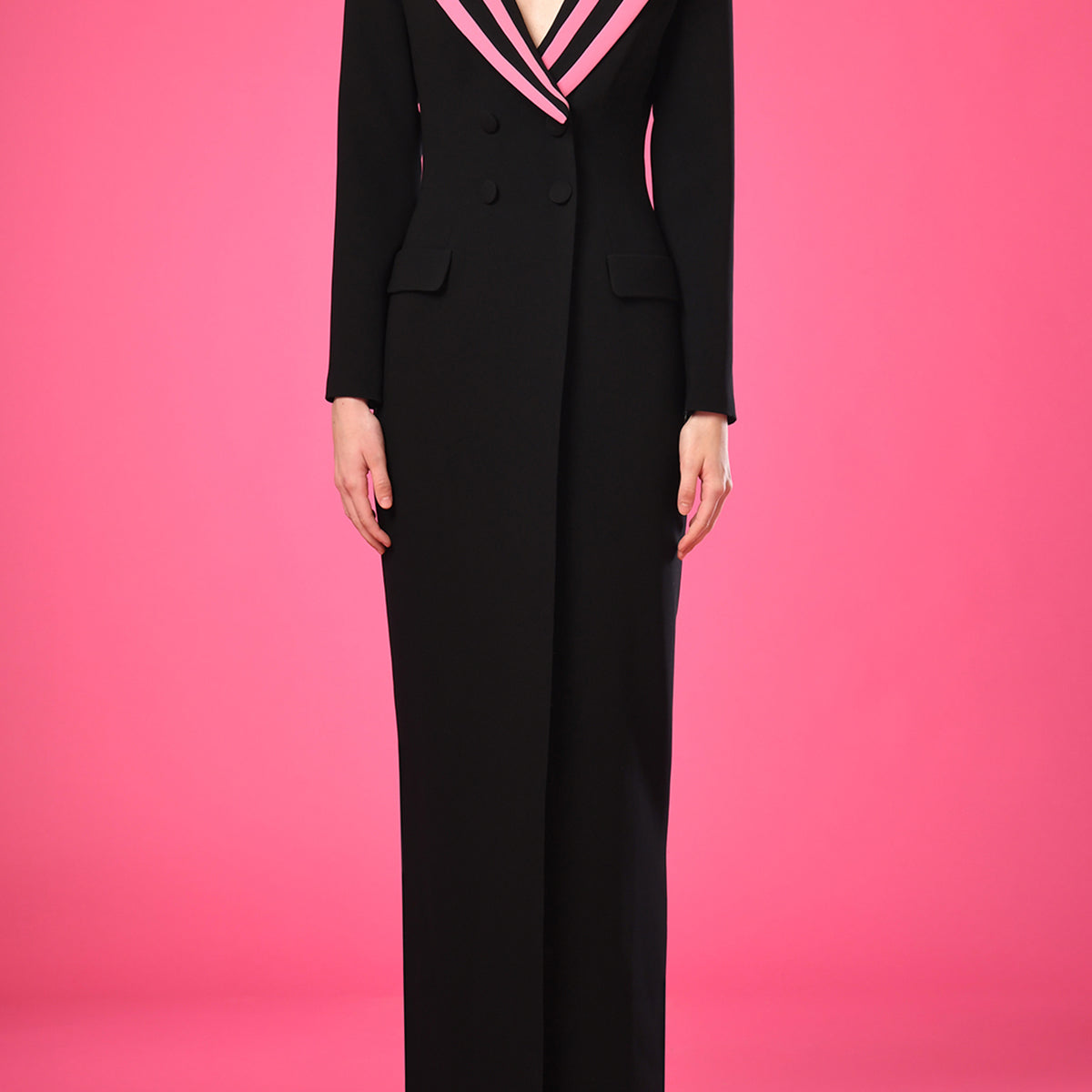 Black crêpe dress with structured heart shaped collar