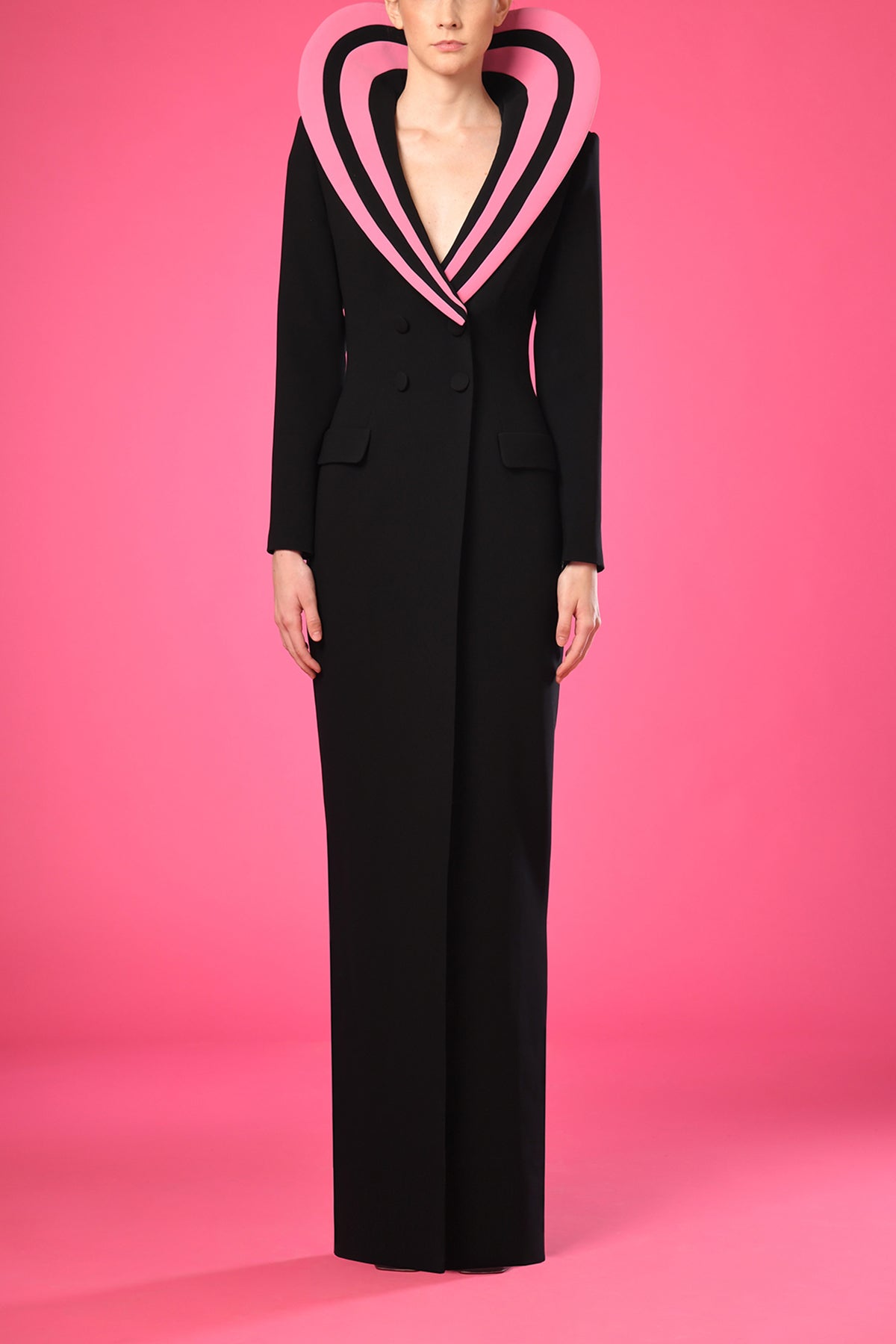 Black crêpe dress with structured heart shaped collar