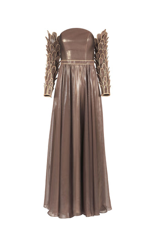 Strapless corseted bronze dress with custom feathered separate sleeves