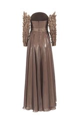 Corseted bronze dress with custom feathered sleeves