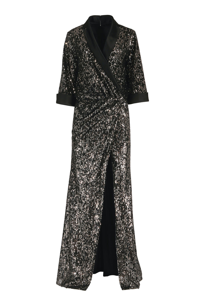 Asymmetrical embroidered black & silver envelope dress