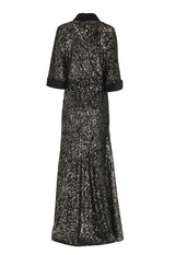 Embroidered black & silver envelope dress with black cuffs and lapel