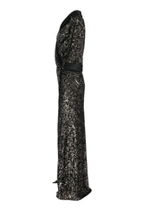 Embroidered black & silver envelope dress with black lapel and cuffs