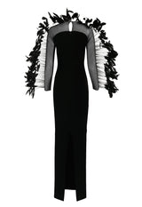 Black column dress with feathered arms