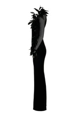 Black column dress with black feathers