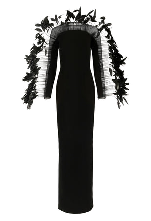 Black column dress with feathers on arms 