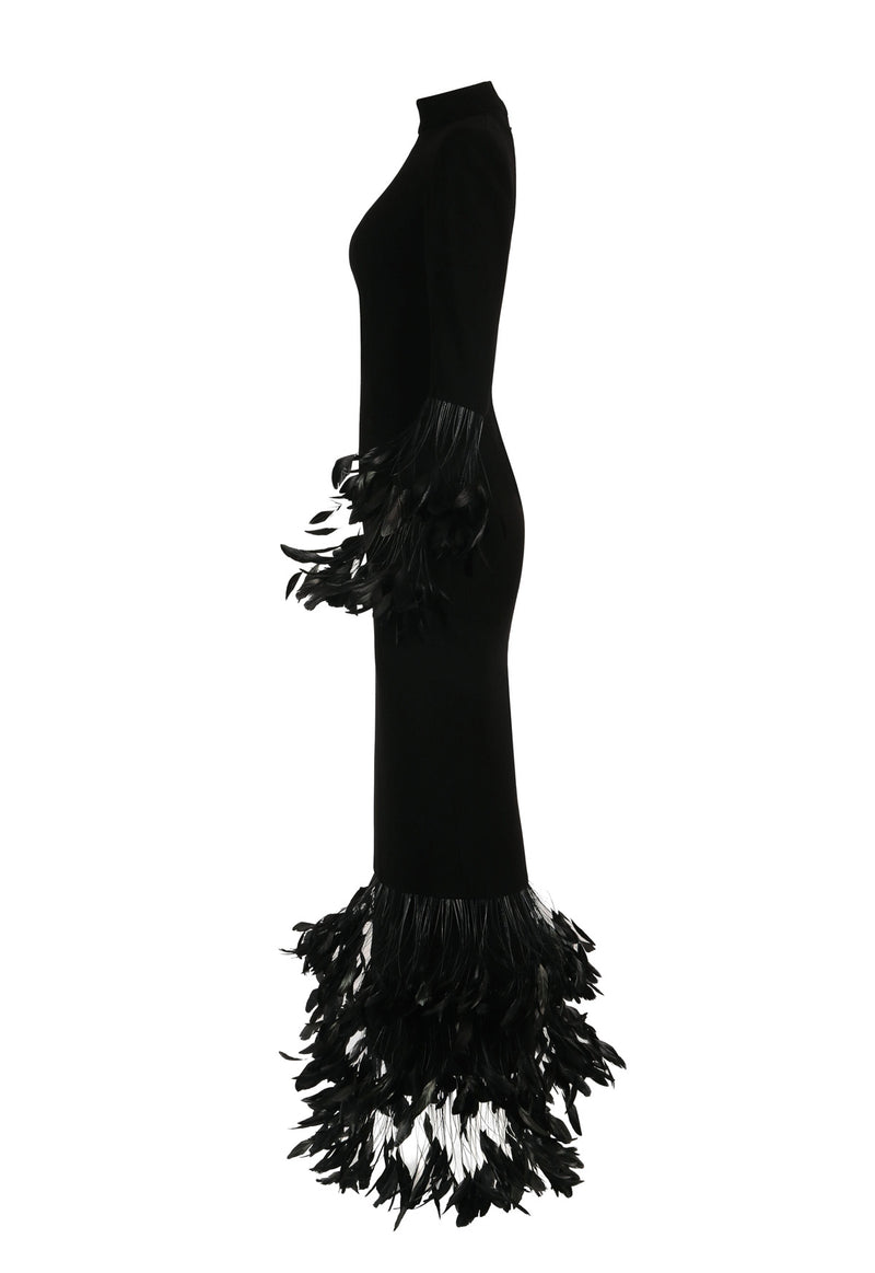 High necked black silk crêpe dress with feathers
