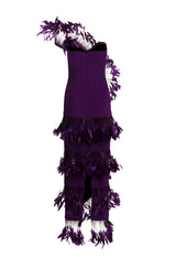 Strapless asymmetrical purple dress with feathers