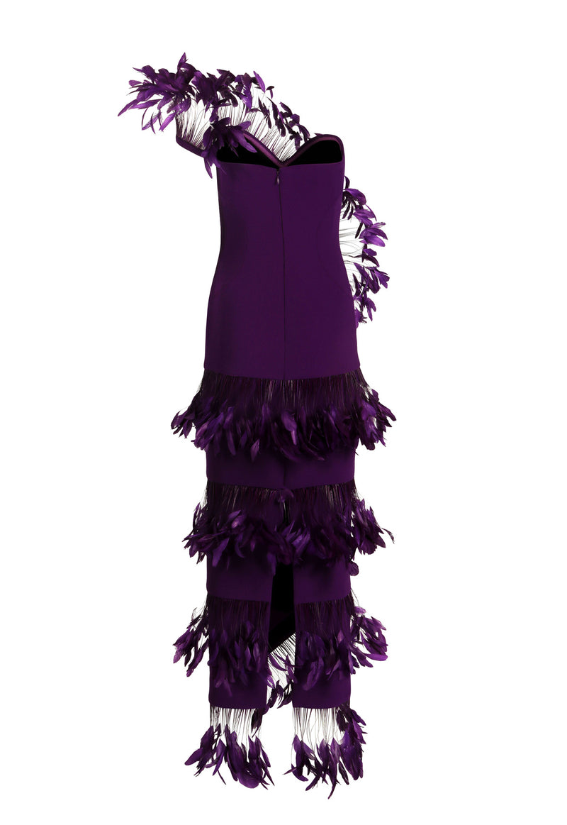 Asymmetrical purple dress with layered feathers